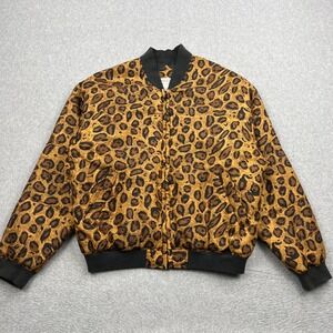 Selene Paris Bomber Jacket Womens Medium Brown Leopard Cheetah Silk Full Zip 90s